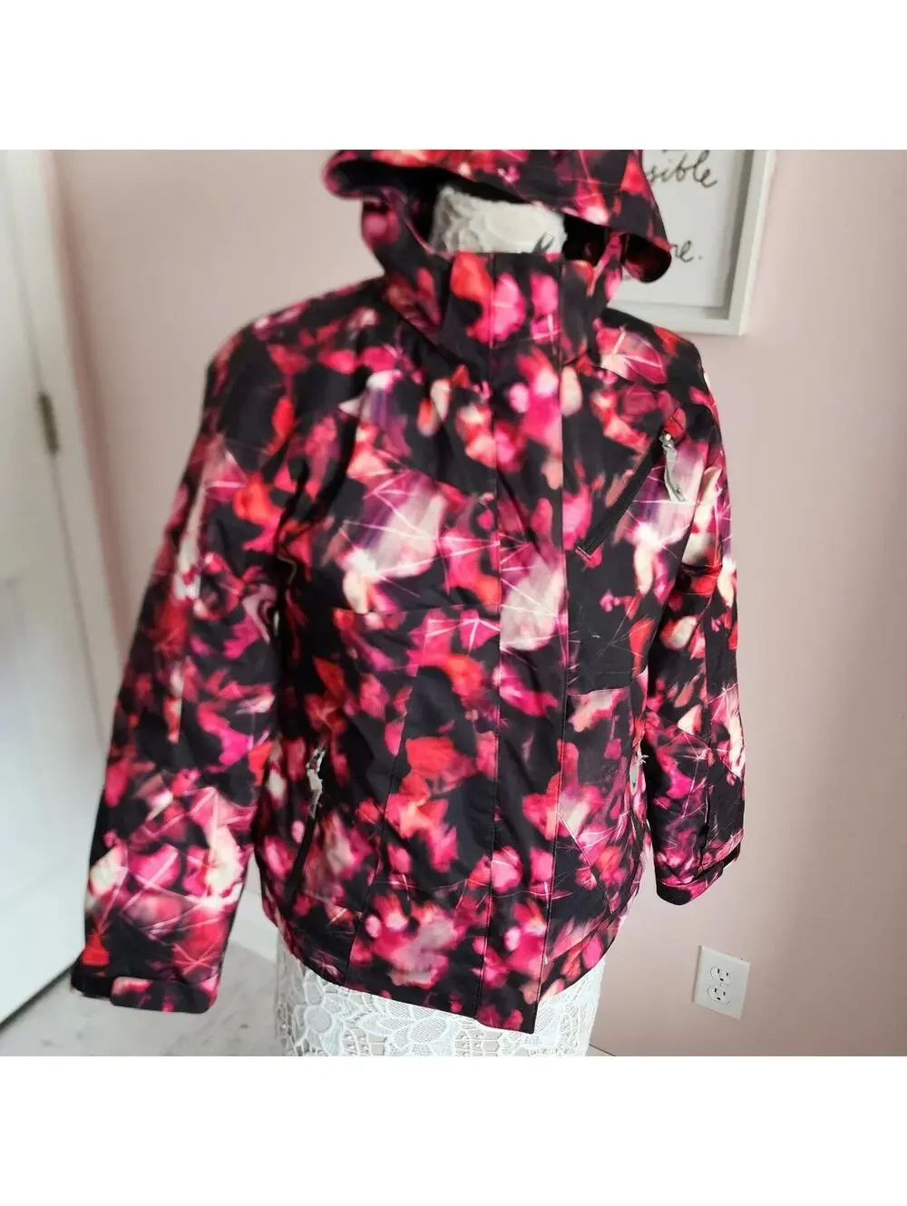 Spyder Girls Ski Jacket Size 18 Pink Purple Black Hooded Winter Coat
